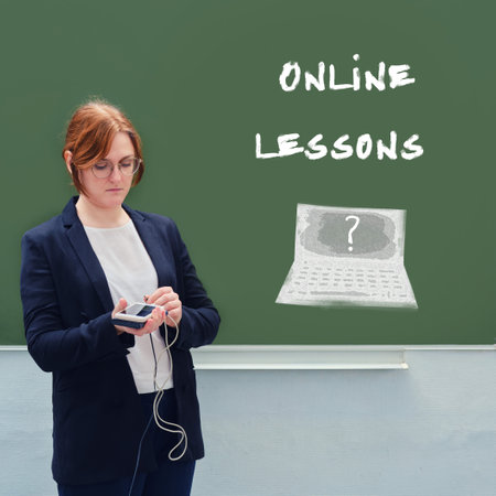 Concept problems with distance education. School teacher and the text online lessons written on the blackboardの写真素材