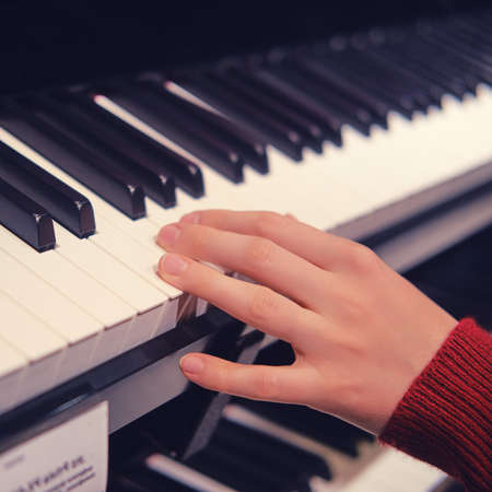The hand of a child pianist choosing a synthesizer in a musical instrument store. Electronic piano keys, close-up.の写真素材