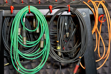 Rack wires for equipment and microphones in a recording studio - Moscow, Russia, January 8, 2021