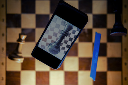 Computer memory, phone and retro chess board with chess pieces. Concept of technology, science and ai problems in gamesの写真素材