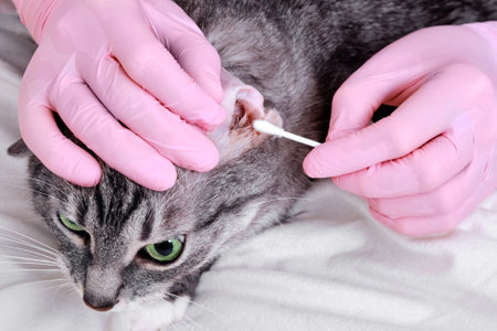 A doctor in uniform cleans the ears of a cat with a cotton swab in a veterinary clinicの写真素材