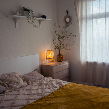 A bed with a chest of drawers in the apartment and a night light next to the window. Live plants in pots on a shelf with a book and a clockの写真素材