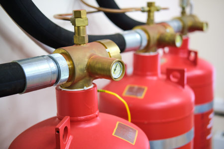 Red fire safety cylinders for gas fire extinguishingの写真素材