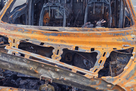 Burnt-out rusty cars on a city street, vandalism. Setting fire to cars by vandals and damage to propertyの写真素材