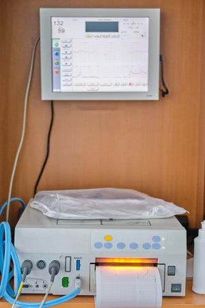 CTG device with monitoring of the state of health of the mother and child during childbirth in the...