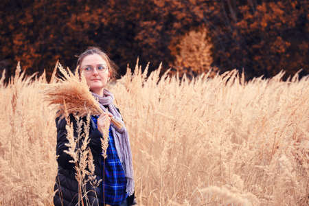 Adult woman in autumn yellow grass in a golden field, close-up portraitの写真素材