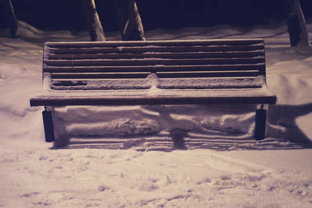 A bench in the snow stands in the dark in a night parkの写真素材
