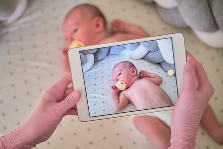 The doctor takes a video on a tablet with a newborn baby. A nurse conducts an online consultation on...