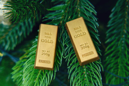 Gold bars on the branch of the Christmas tree on New Year Eveの写真素材