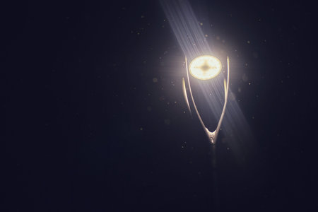 Night lantern during a snowfall, black background copy spaceの写真素材