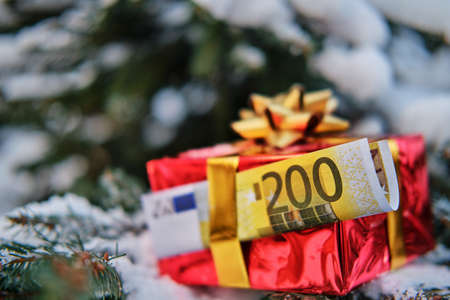 Gifts in red boxes and money in euros are lying under the Christmas tree in the new yearの写真素材