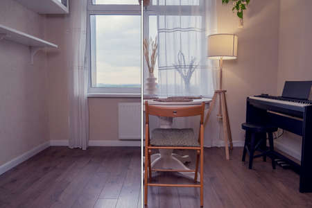 Living room with sofa and table, before and after furnishing. Renovation with modern furniture and a musical instrument of a home roomの写真素材
