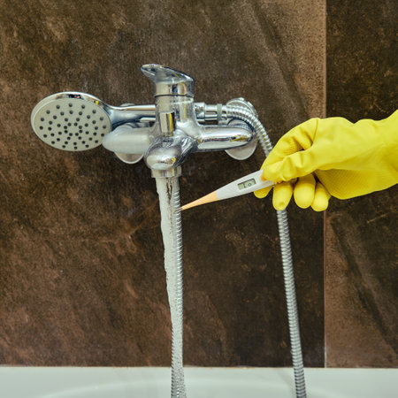A woman checks the temperature of tap water with a thermometerの写真素材