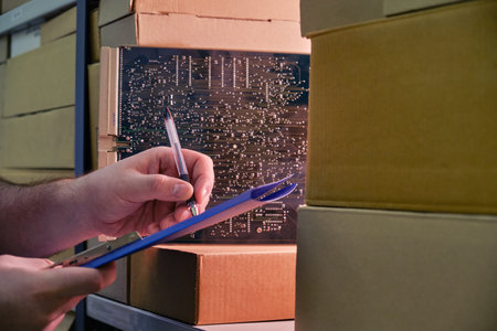 Inventory in a warehouse with computer equipment, mam hands write with a pen on a tablet with paper