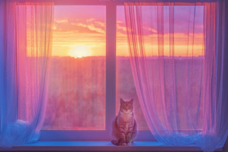Cat at the window with an orange sunset and a beautiful setting sun behind the glass. Isolation due...