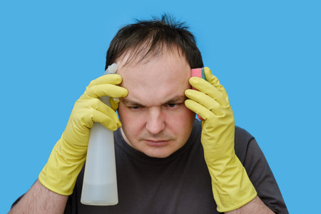 Thoughtful male cleaner in yellow gloves, portrait on studio blue background