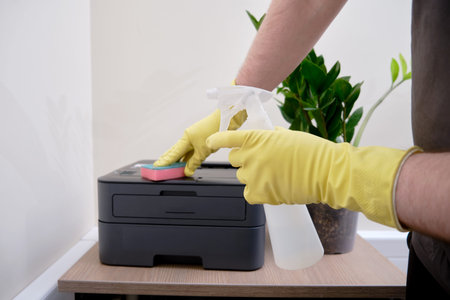 Cleaning the office, a janitor in yellow gloves wipes the printer and equipment with a sponge.