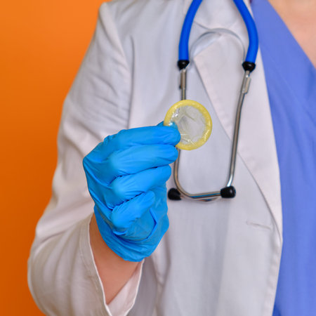 Woman doctor holding a condom in her hand as a contraceptive, red studio background