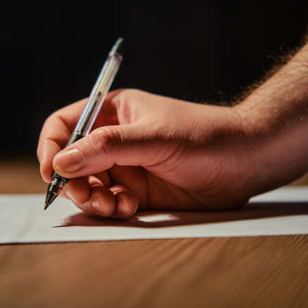 Man hand writes with a pen on a white sheet of paper, night dark backgroundの写真素材