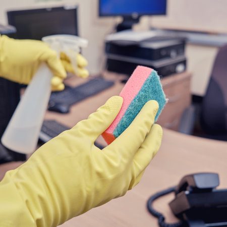 Cleaning the office, a janitor in yellow gloves wipes tables and computer equipment with a rag.の写真素材