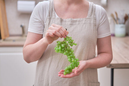 Green grapes in the hands of a woman in the kitchen. Female hands hold fruitsの写真素材