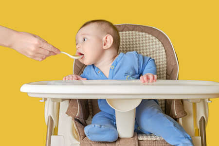Mother feeding toddler baby from a spoon on a high chair for feeding children, studio yellow background. Child boy at age of six months eats applesauce while sitting on a baby chair, copy spaceの写真素材