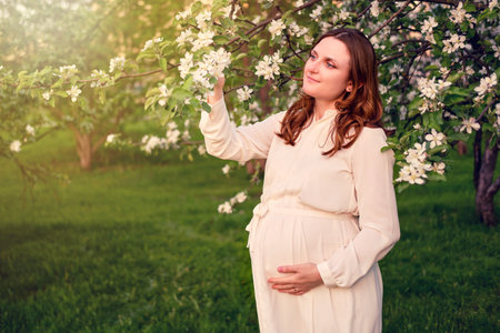 Pregnant woman with apple tree flowers in spring nature. Happiness of pregnancy in blooming nature...