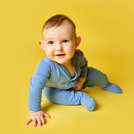 Happy toddler baby sits on studio yellow background. Funny child boy at the age of six months with a...