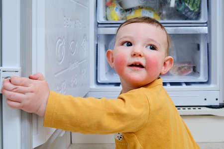 Toddler baby boy with allergies on red cheeks climbed into an open refrigerator. Child safety issues in the home room, little kidの写真素材