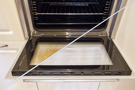 Dirty and clean oven, before and after cleaning and washing the stove glass. Washed grease on the oven window door, collageの写真素材