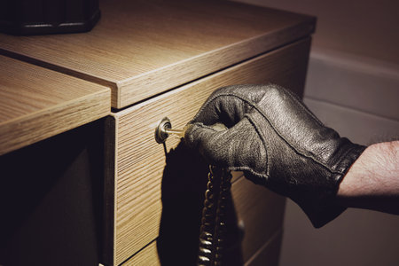 A hand in a black glove opens the office desk drawer in the night light of a flashlightの写真素材
