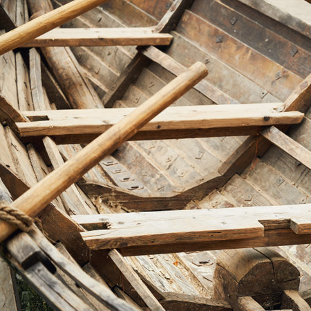 Medieval wooden ship on oars. Reconstruction of the events of the Middle Ages in Europe.の写真素材