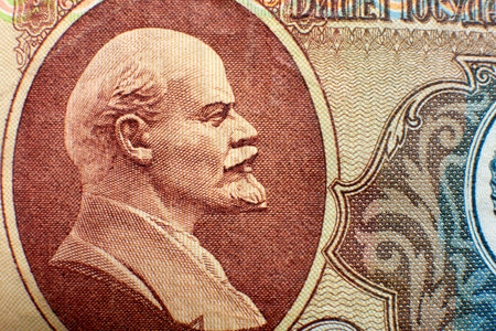 Old money of the USSR close-up. Macro photography of vintage banknotes of the Soviet Union, retro detailsの写真素材