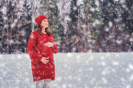 A happy pregnant woman in a knitted sweater and a hat walks in the park, a winter forest with trees in the snowの写真素材