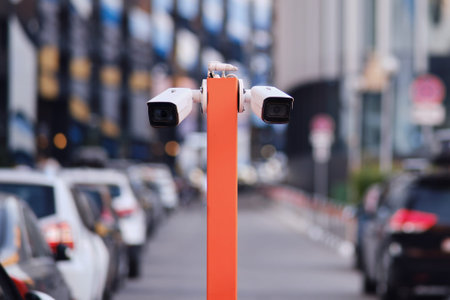 A security camera at the entrance to the yard of residential houses. CCTV in a private parking lot...