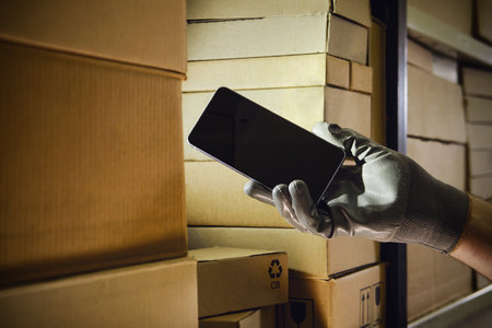 Phone is in the hands of a man warehouse worker. The crisis of smartphone delivery and problems with the logistics of technological goods.の写真素材