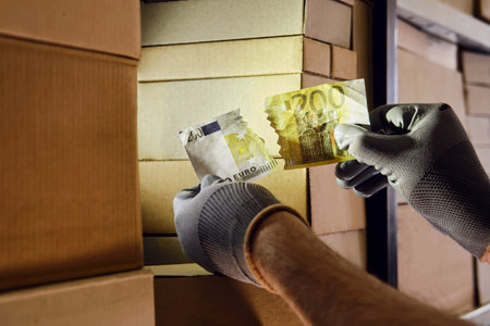 Torn euro money in the hands of a man warehouse worker. The crisis of cargo delivery and problems with the logistics of goods.の写真素材