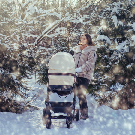 Woman mother with a stroller for a child in a winter park near snow-covered Christmas trees. Mom with a baby in a pram among snowy trees in the forestの写真素材