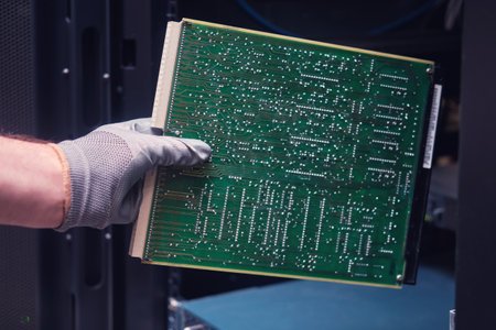 Computer circuit board in the hands of a man at the server for data storage, close-upの写真素材