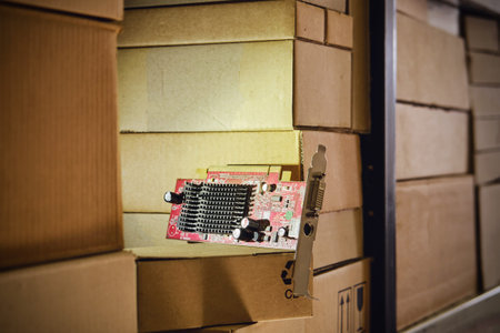 Computer chips video card in the warehouse room. The crisis of electronics graphics card delivery...