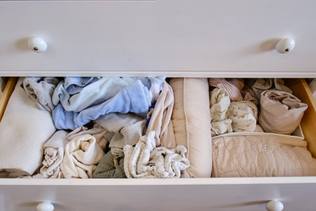 Storage of mess children's clothes in a drawer of a white chest, open closet shelf close-up with clutter clothesの写真素材