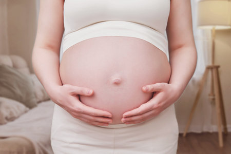 Hands on the tummy of a pregnant woman, home living roomの写真素材