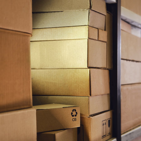 Cardboard boxes on the shelves of warehouse shelves, close-upの写真素材
