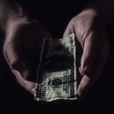 Man hands hold money US dollars on a black background, close-up. USA cash in the dirty hands of an...
