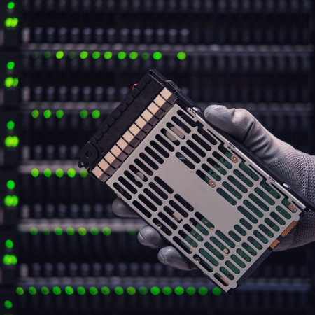 A hard disk for a raid in the hands of a man at a data storage server, close-upの写真素材
