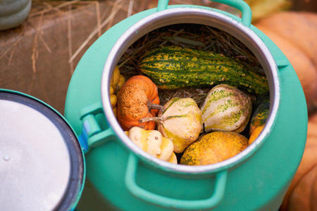 Harvest festival with autumn pumpkins and vegetables. Sale of agricultural crops on the outdoor market after the holidayの写真素材