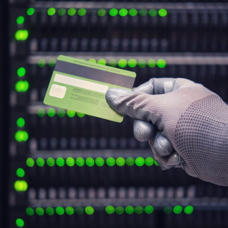 A bank card in the hands of a man against the background of a data storage server, close-up