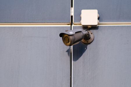 Surveillance camera ST space technology on the facade of the building. cctv camera at the entrance...