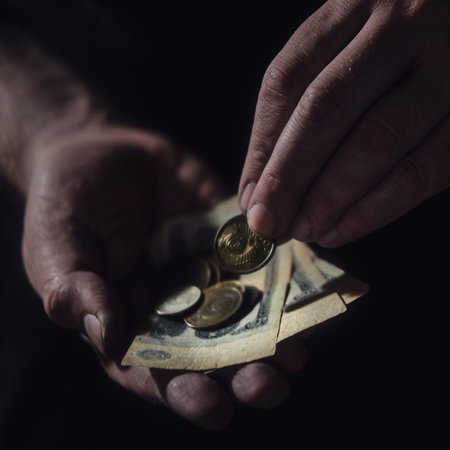 Man hands holding USSR rubles, money on a black background, close-up. Soviet Union cash in the dirty...