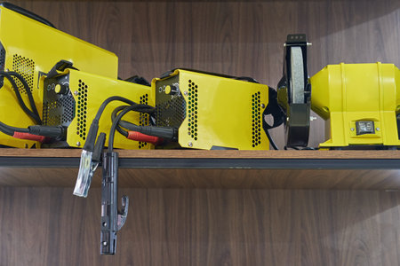 Welding machines on the shelf of the store. Sale of welding equipment in the market